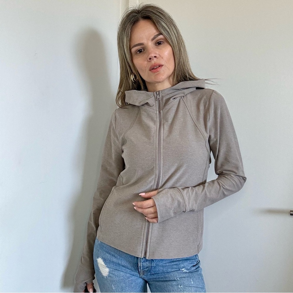 Beyond Yoga Taupe Zip-Up Hooded Jacket